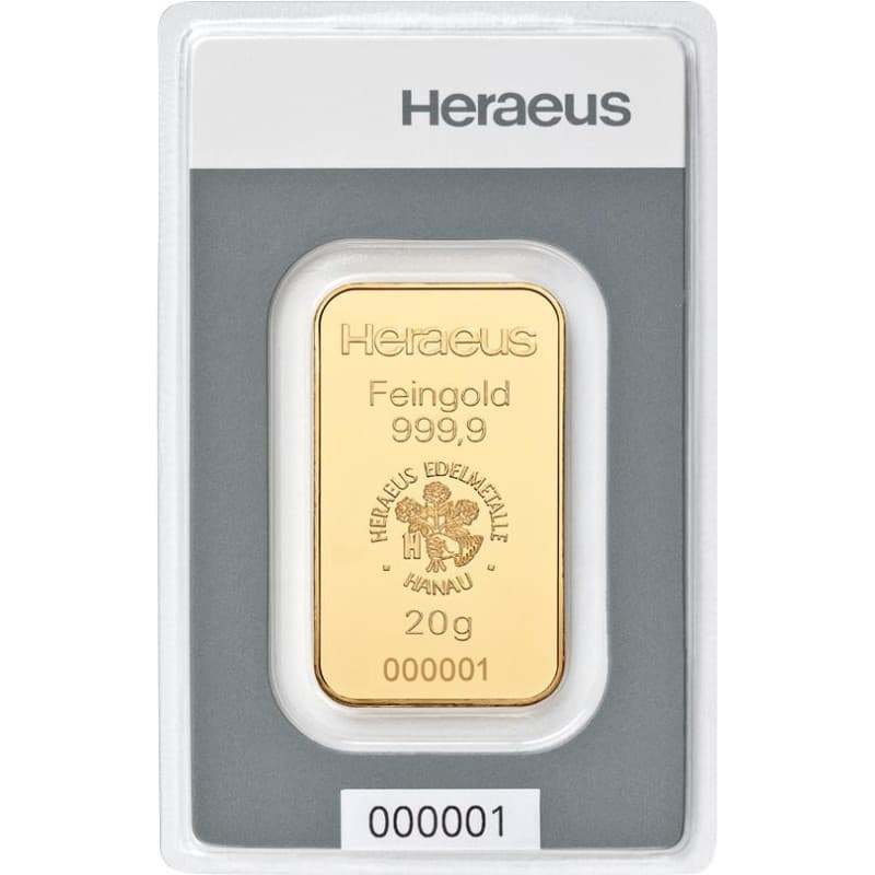 Zlatý slitek 20 g Heraeus
