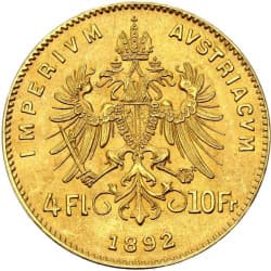 Zlatá mince 10 Frank 4 Zlatník Franz Josef I. různé roky (1870-1892)