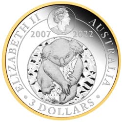 Stříbrná mince 3 Oz Koala 15th Anniversary  2022 Proof- zlaceno
