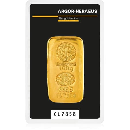 Zlatý slitek 100 g Argor Heraeus litý