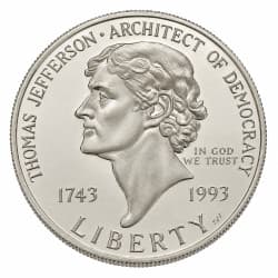Stříbrná mince 1 Dollar Birth of Thomas Jefferson - 1993 Proof