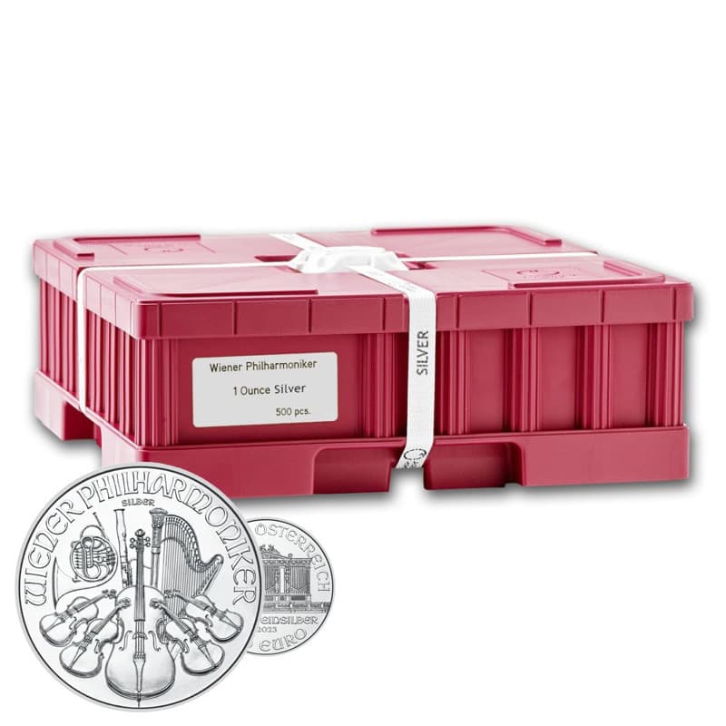 Box 500 x stříbrná mince 1 Oz Wiener Philharmoniker