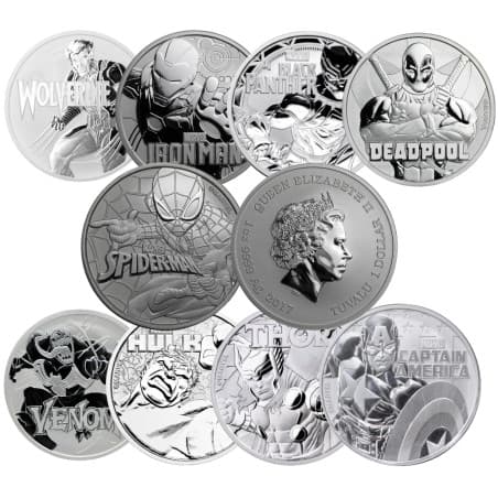 Sada stříbrných mincí 9 x 1 Oz Marvel 2017-2021